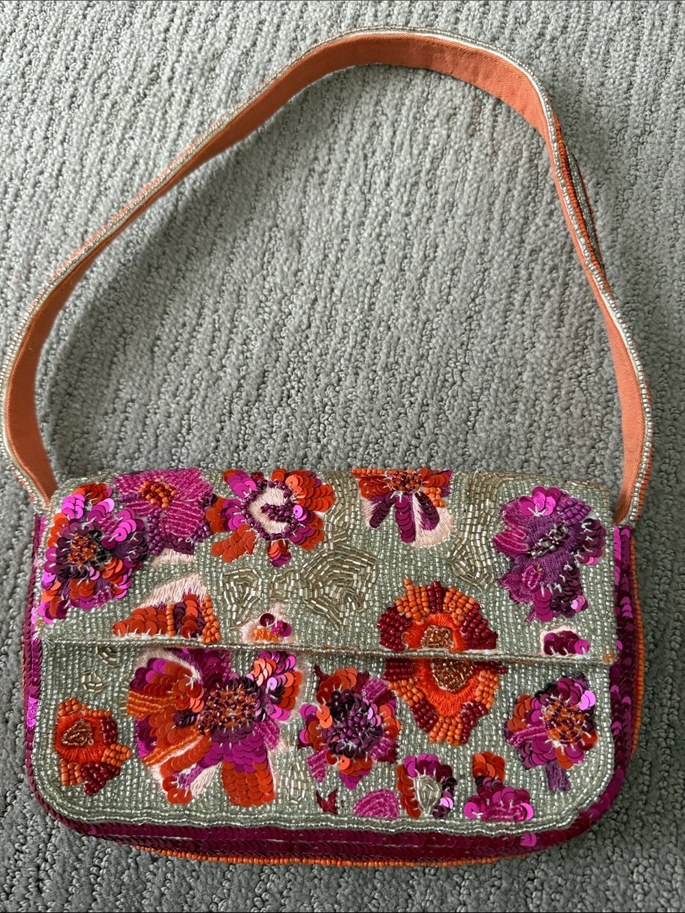 Shoulder Bag-Anthropologie Orange & Pink Beaded Floral with Cream Beadwork
